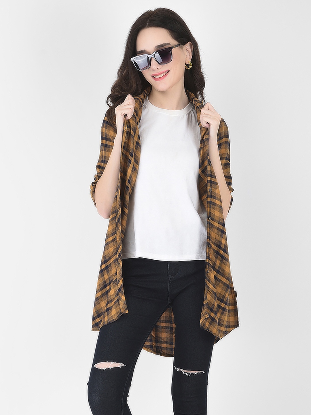 

Crimsoune Club Women Mustard Straight Tartan Checks Checked Casual Shirt