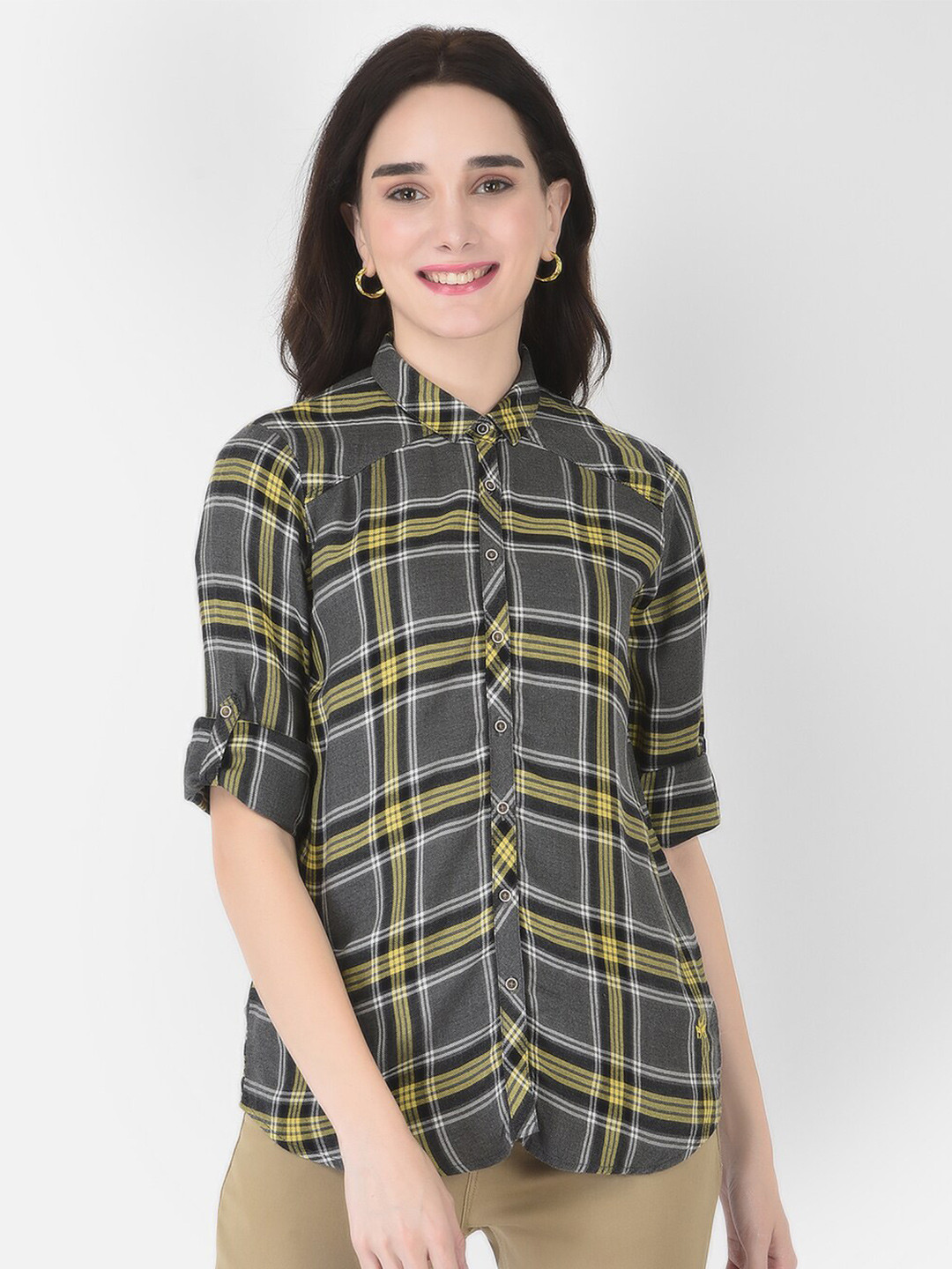 

Crimsoune Club Women Grey Slim Fit Tartan Checks Checked Casual Cotton Shirt