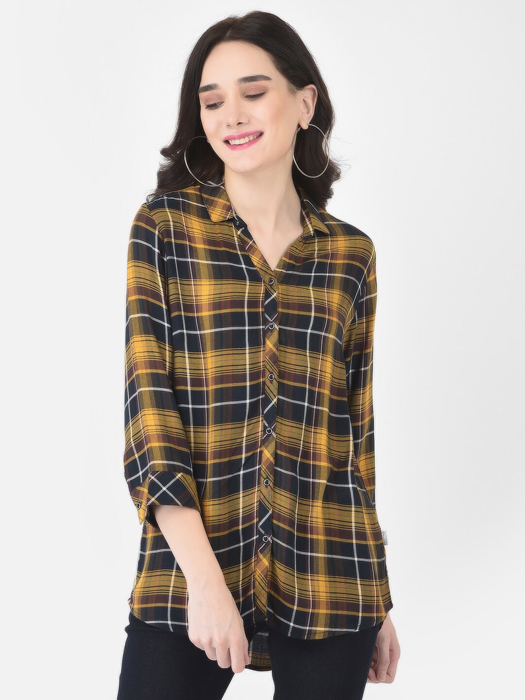 

Crimsoune Club Women High-Low Checked Shirt, Mustard