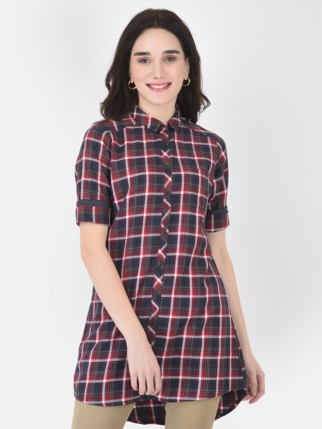 

Crimsoune Club Women Navy Blue Tartan Checked Casual Shirt