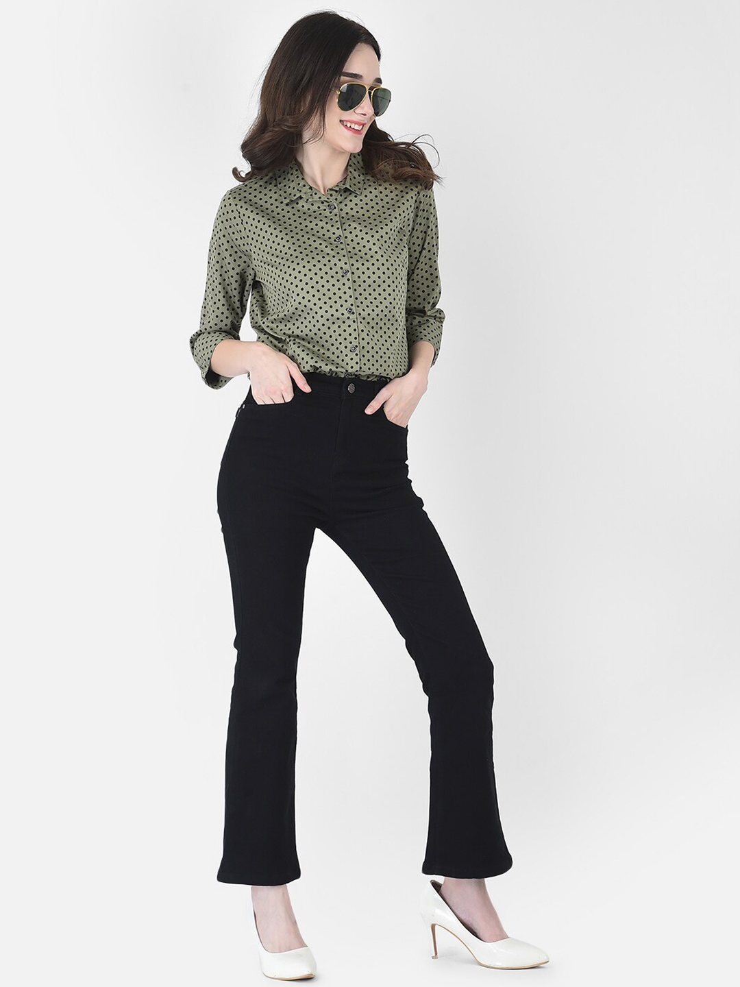 

Crimsoune Club Women Green Polka Dots Print Casual Shirt