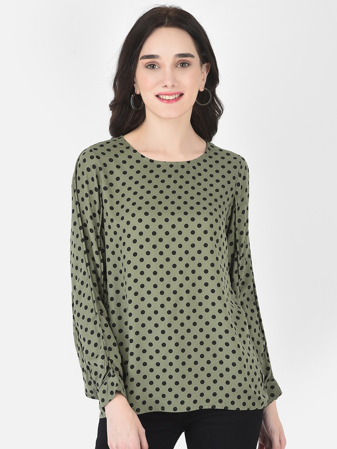 

Crimsoune Club Women Olive Green Polka Dots Print Top