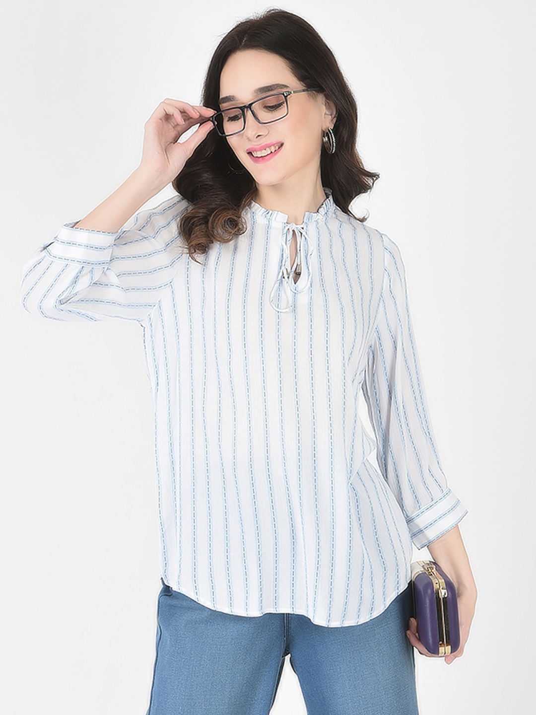 Crimsoune Club Women White Striped Tie-Up Neck Top