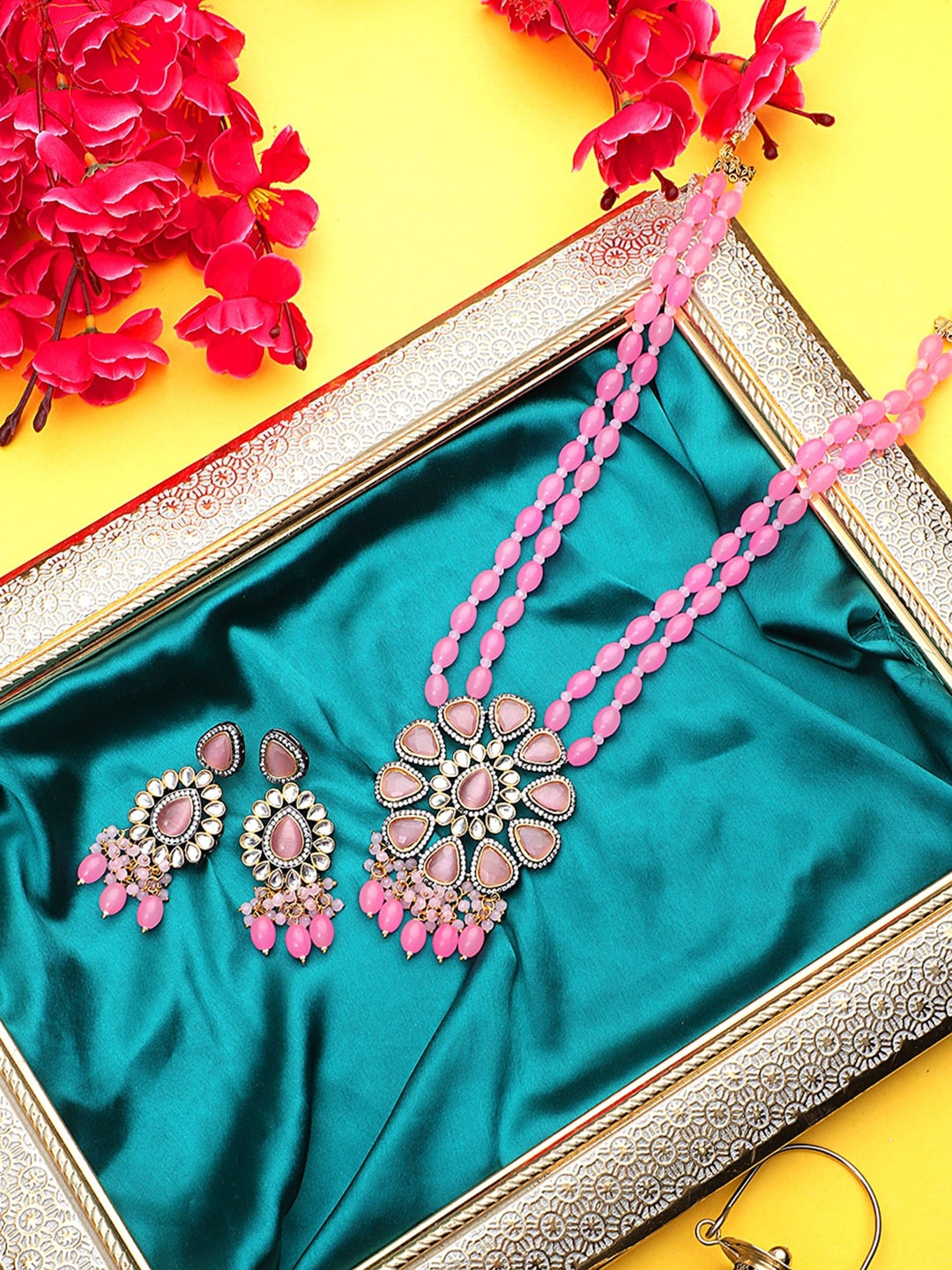 

STEORRA JEWELS Gold-Plated Pink Beaded Jewellery Set