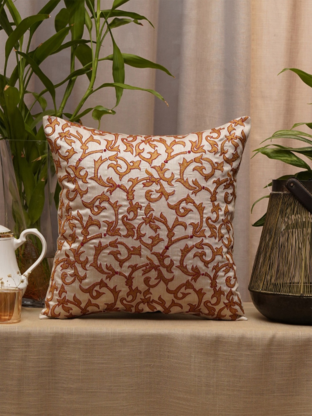 

ZEBA Beige & Yellow Ethnic Motifs Square Cushion Covers
