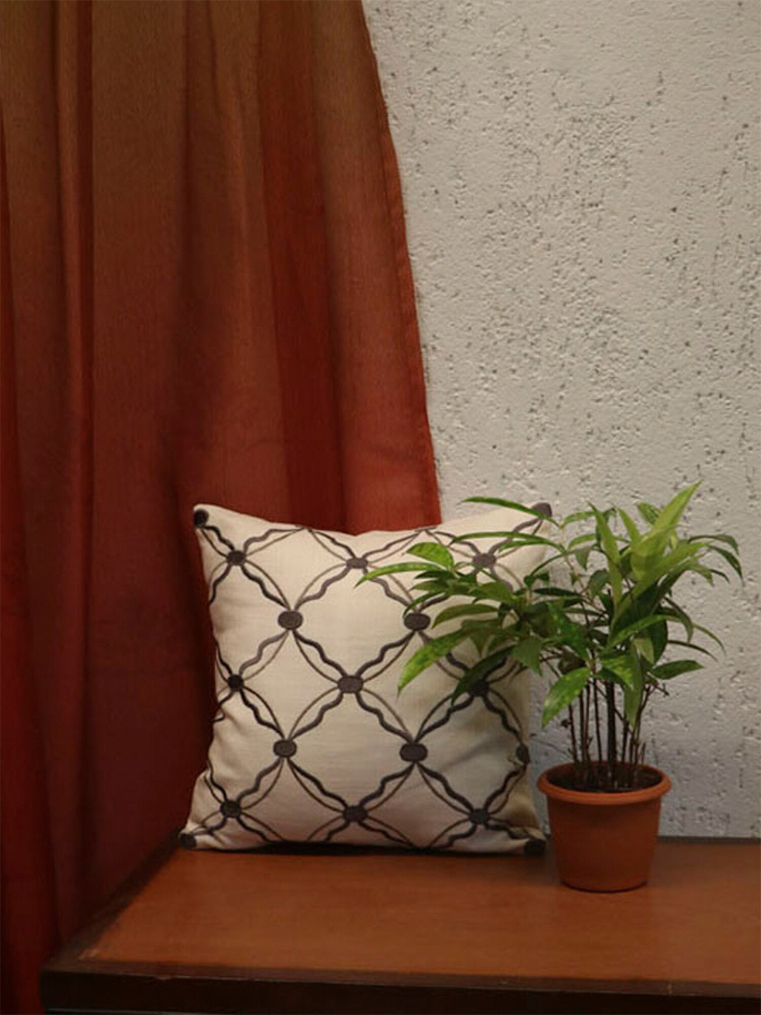 

ZEBA Off White & Brown Embroidered Linen Square Cushion Covers