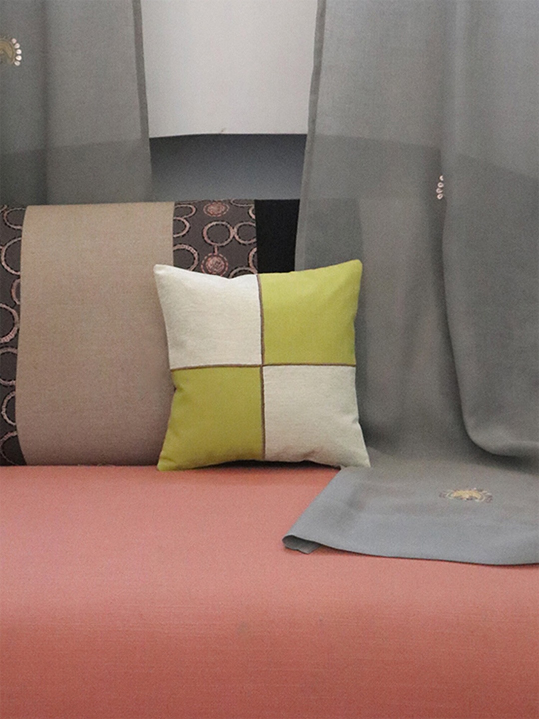 

ZEBA Green & Cream-Coloured Embroidered Square Cushion Covers