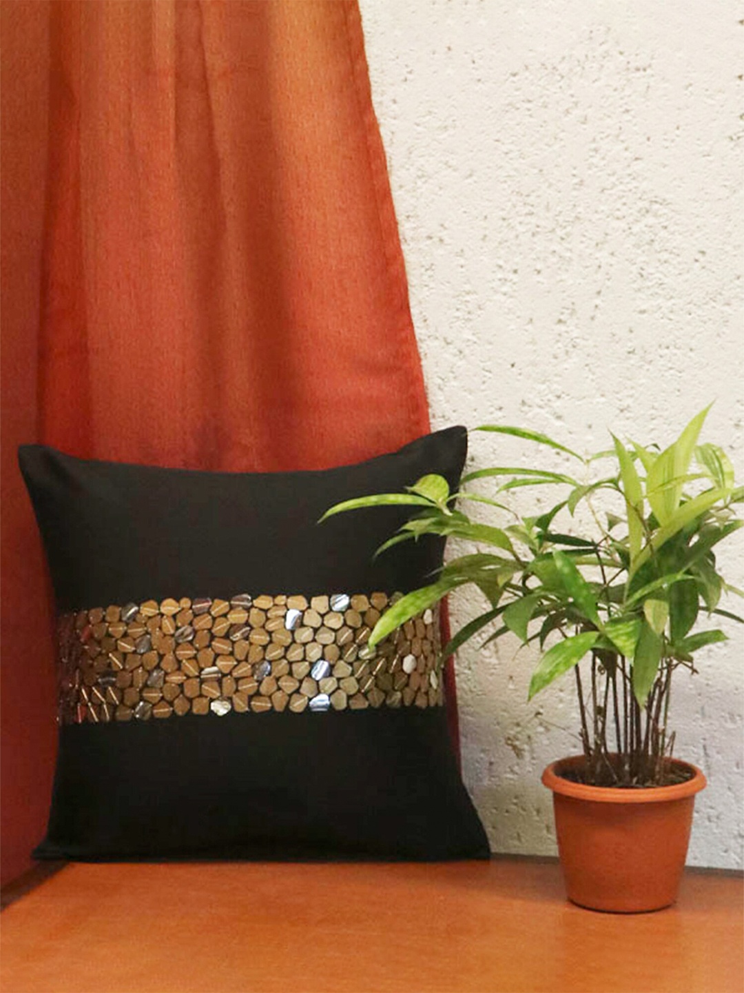 

ZEBA Black & Gold-Toned Embellished Square Cushion Covers