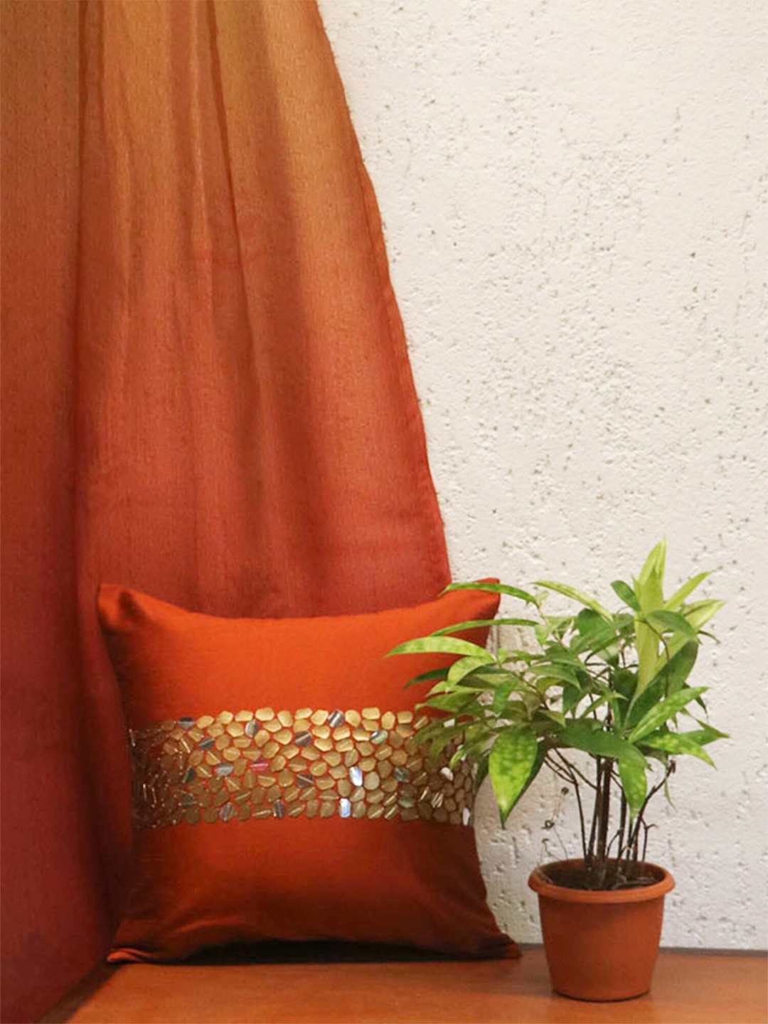 

ZEBA Orange & Gold-Toned Embellished Square Cushion Covers