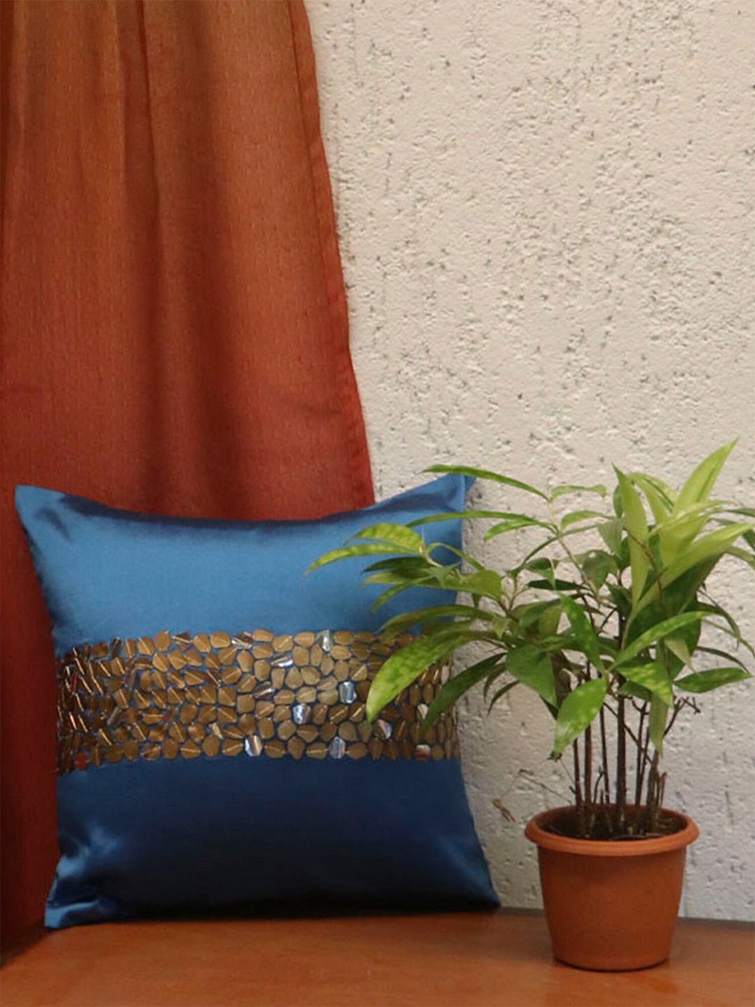 

ZEBA Blue & Gold-Toned Embellished Polyester Square Cushion Covers