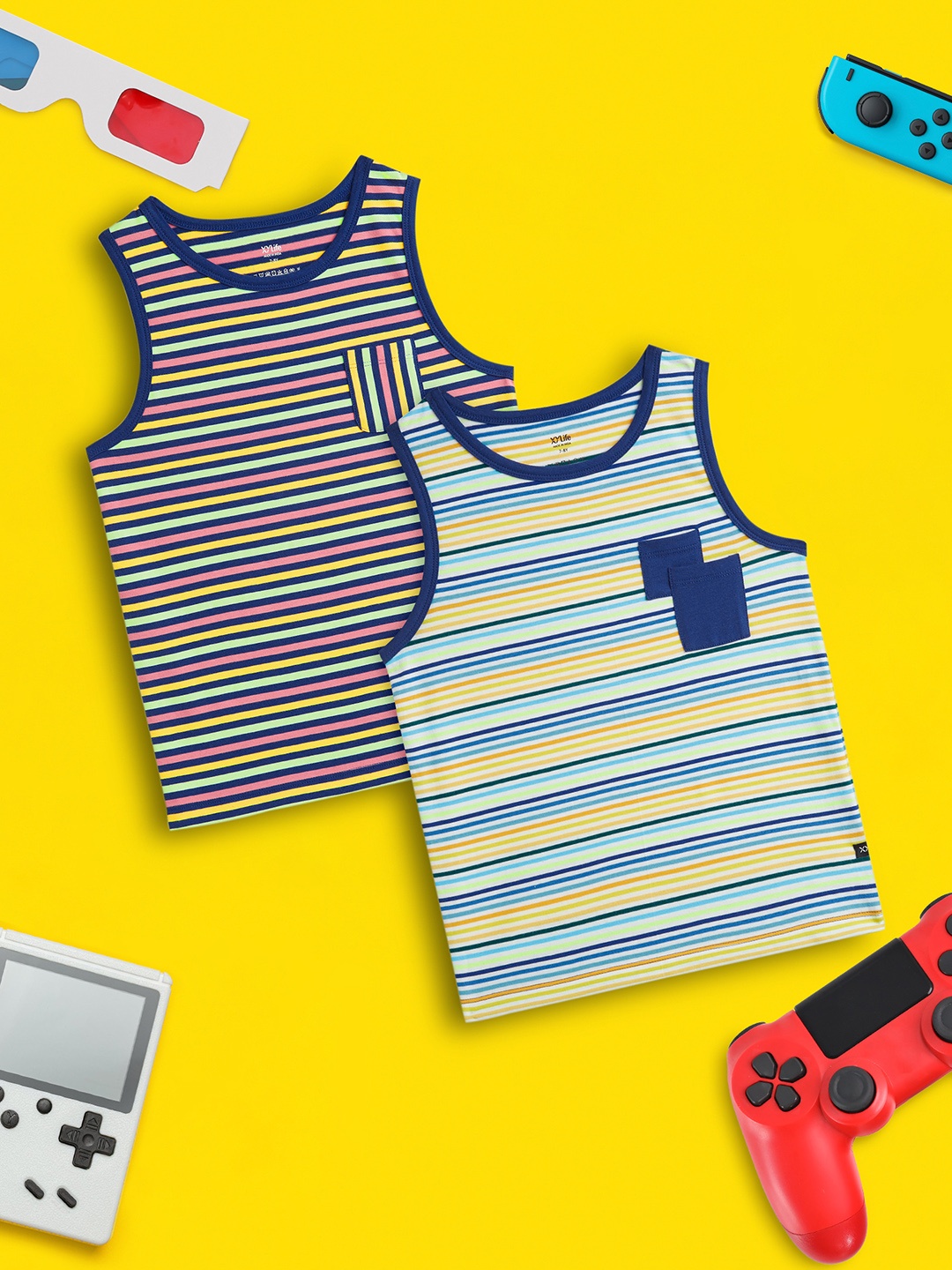 

XY Life Boys Pack Of 2 Arcade Combed Cotton Outer Vests, Blue