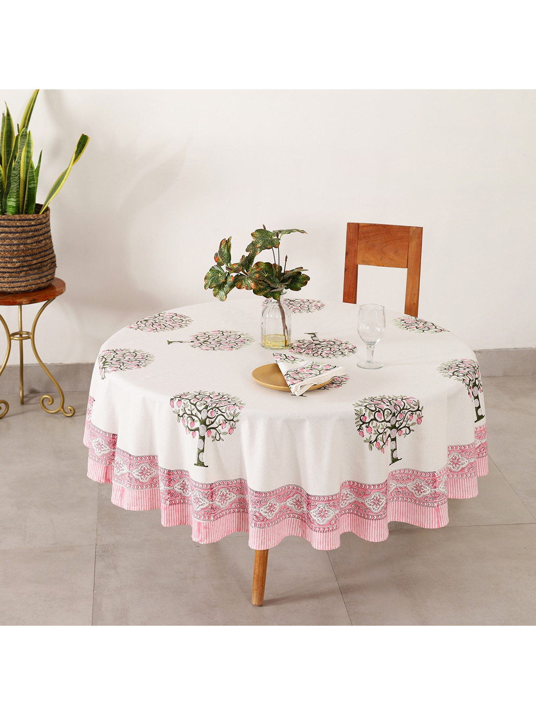 

HANDICRAFT PALACE White & Green Tree Hand Block Printed Round Table Cover With 4 Napkins