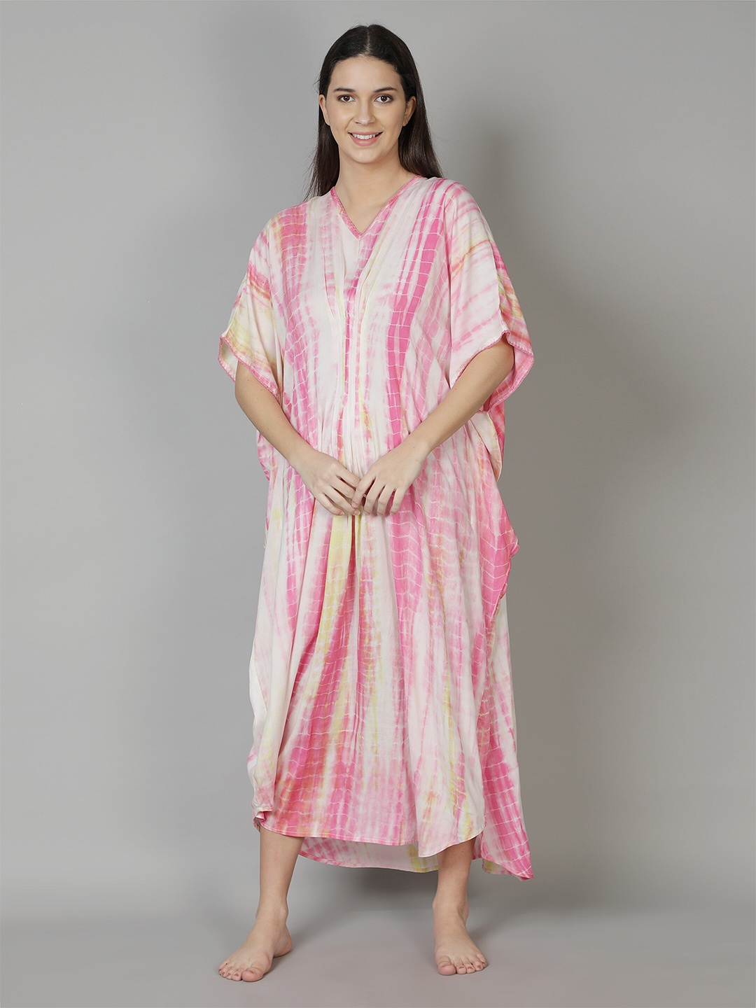 

DUSK ATTIRE Women Pink Printed Maxi Kaftan Nightdress