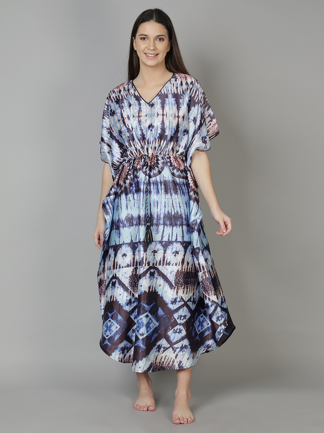 

DUSK ATTIRE Women Blue Printed Maxi Kaftan Nightdress
