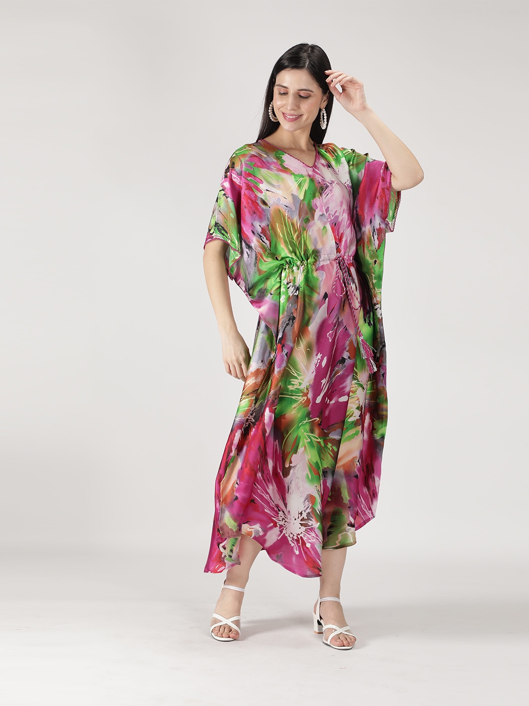 

DUSK ATTIRE Women Green Printed Maxi Kaftan Nightdress