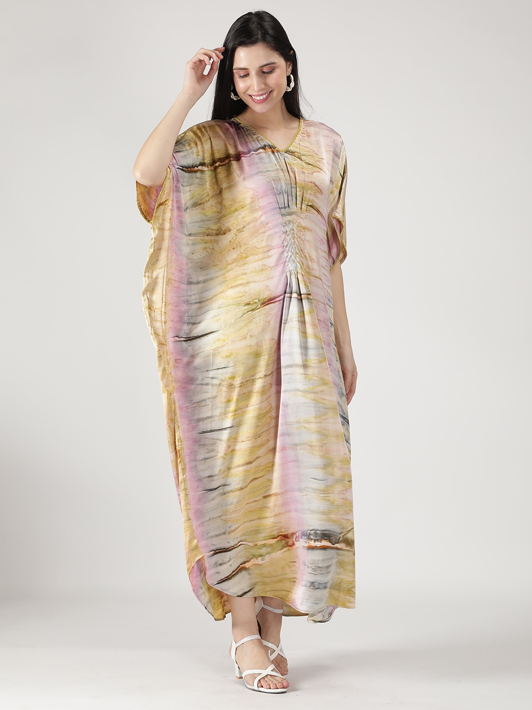

DUSK ATTIRE Yellow Printed Maxi Nightdress