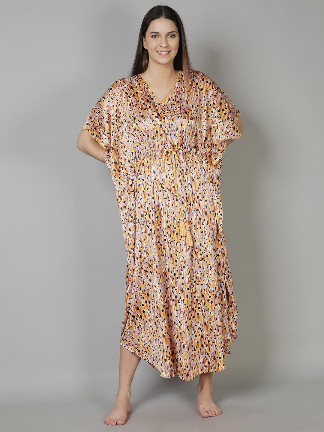 

DUSK ATTIRE Women Yellow Printed Maxi Kaftan Nightdress