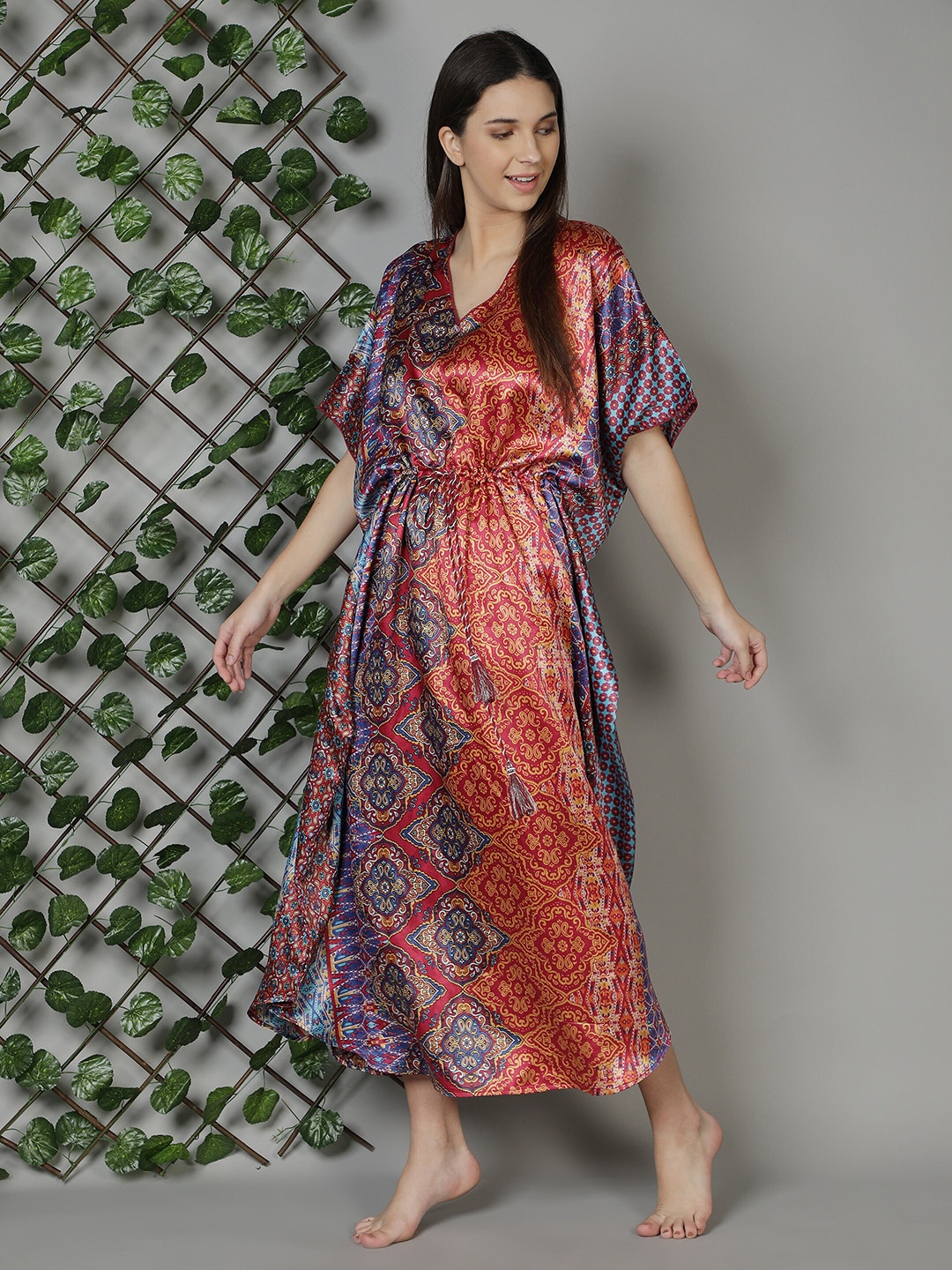 

DUSK ATTIRE Women Red Printed Maxi Kaftan Nightdress