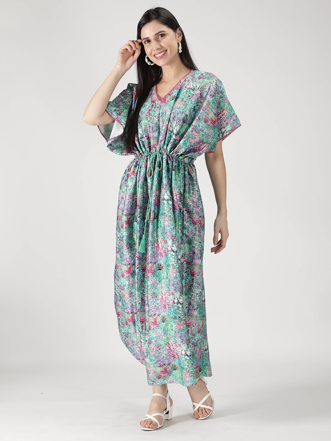 

DUSK ATTIRE Women Green Printed Maxi Kaftan Nightdress