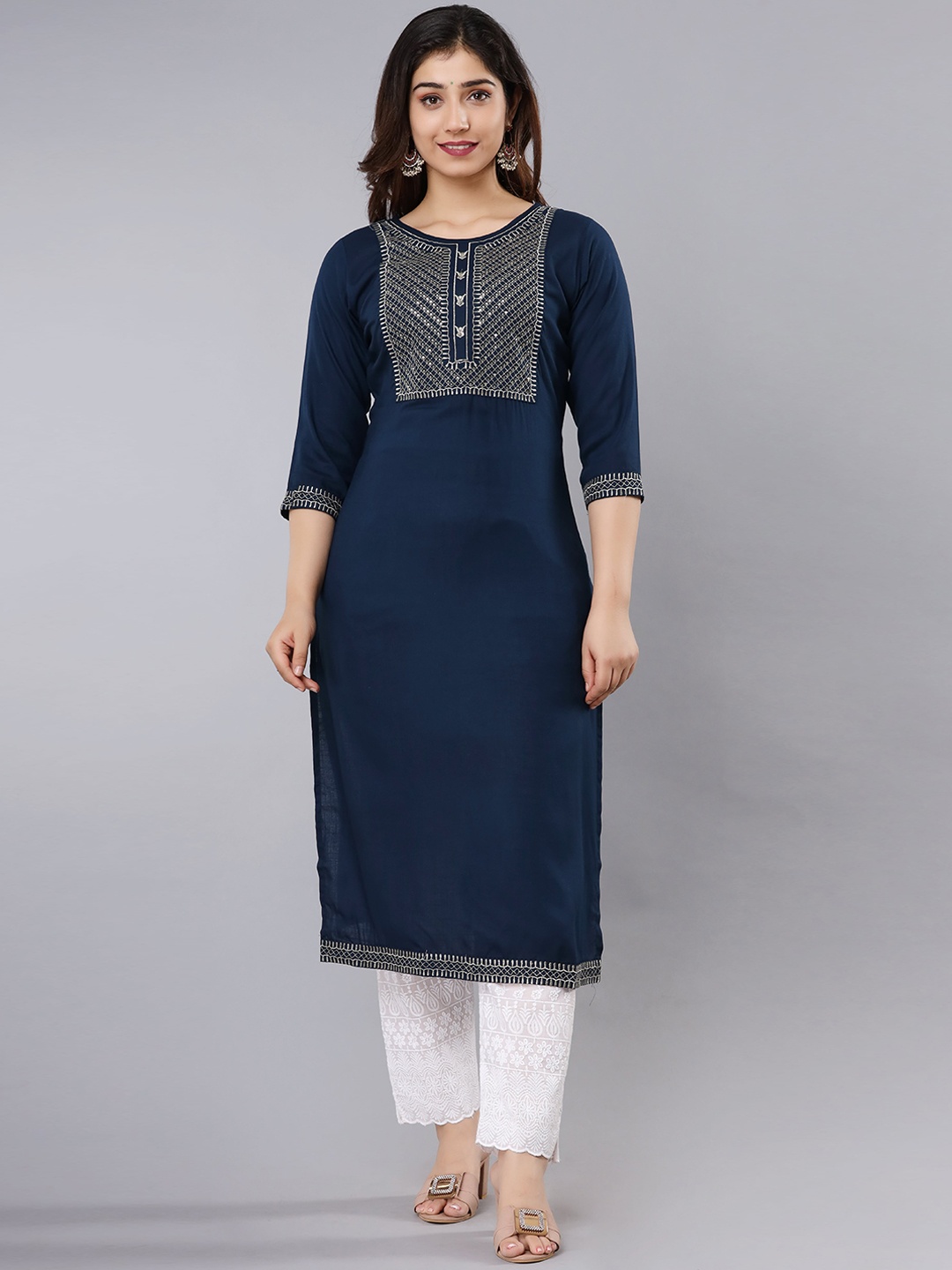 

ADORRO Women Teal Yoke Design Thread Work Kurta