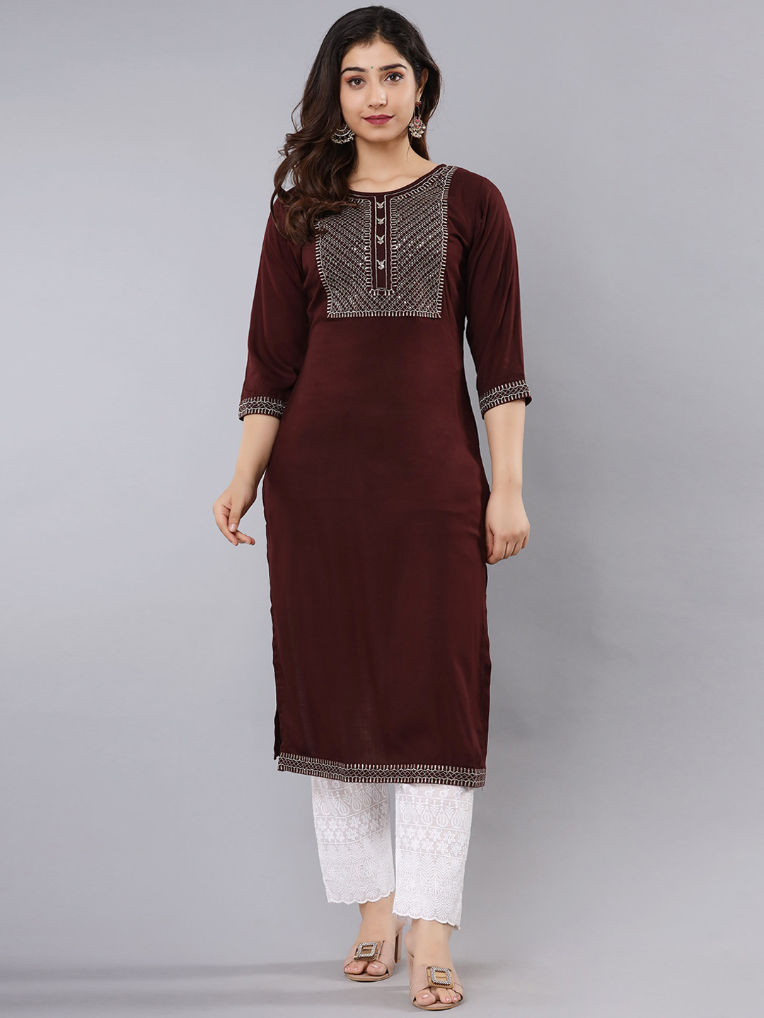 

ADORRO Women Coffee Brown Yoke Design Thread Work Kurta