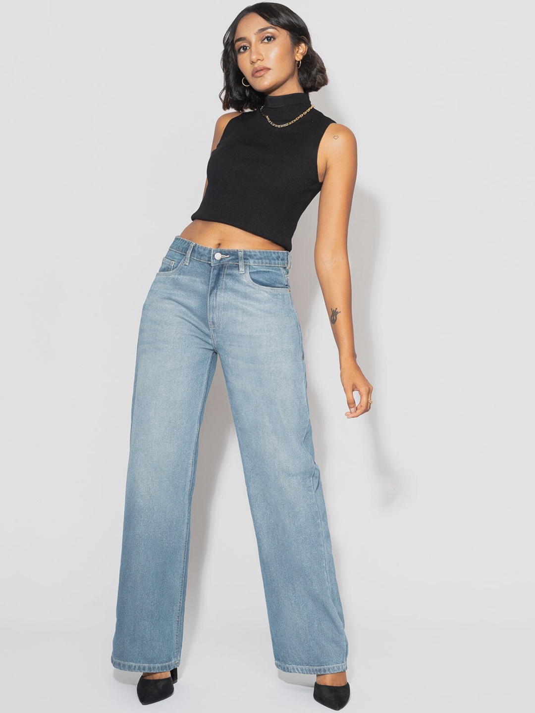 

FREAKINS Women Blue Wide Leg High-Rise Mildly Distressed Light Fade Jeans
