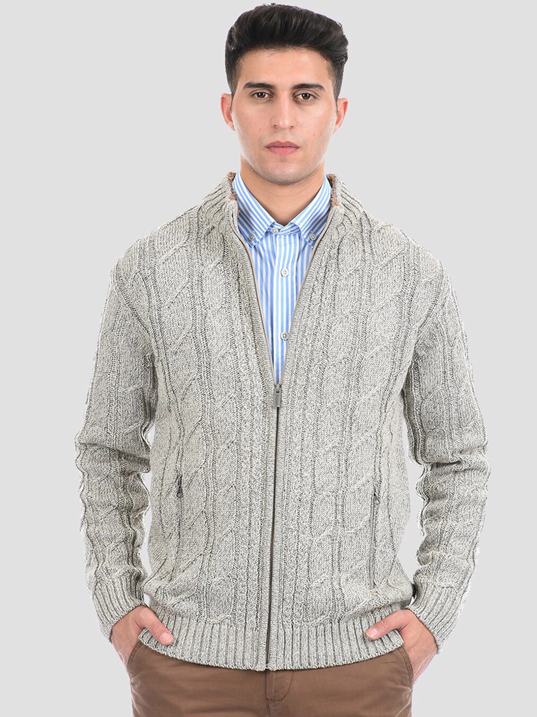 

LONDON FOG Men Grey Cable Knit Cardigan