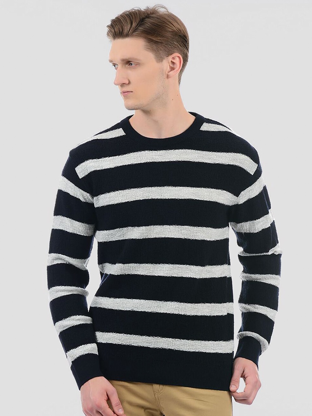 

LONDON FOG Men Navy Blue & White Striped Cardigan Sweater