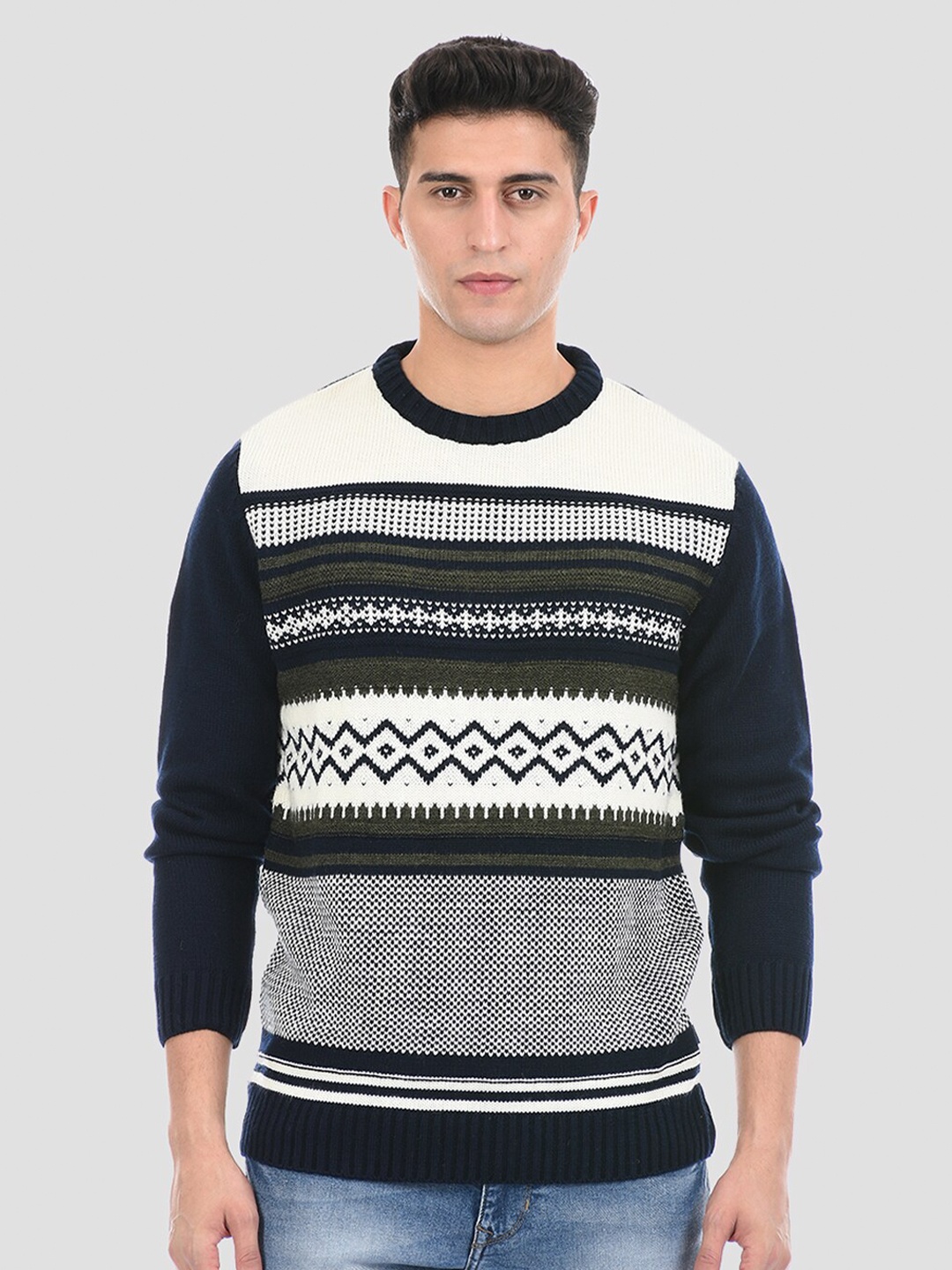 

LONDON FOG Men Navy Blue & White Striped Pullover