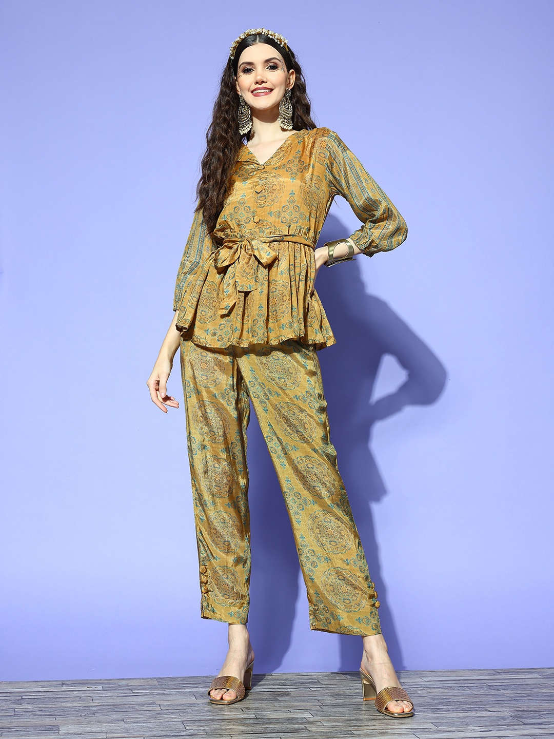 

Ishin Women Mustard Yellow Floral Printed Pleated Top with Trousers