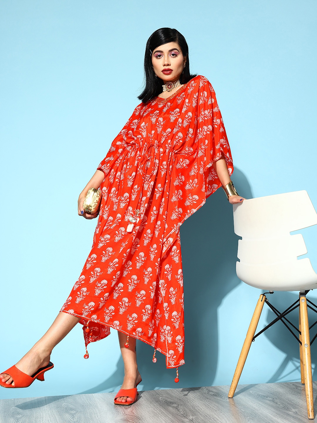 

Ishin Orange Floral Kaftan Midi Dress