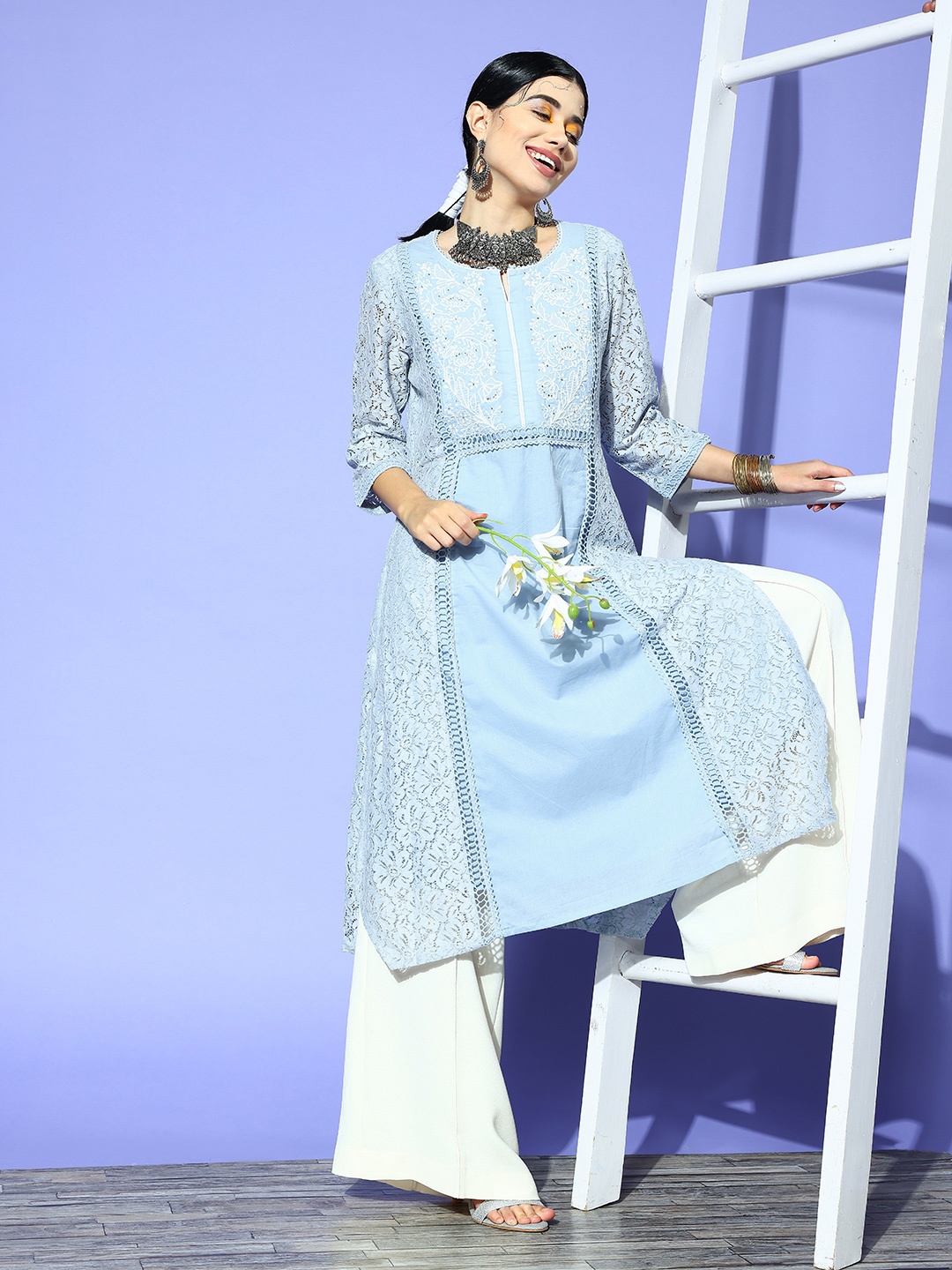 

Ishin Women Attractive Turquoise Blue Cotton Asymmetrical Kurta