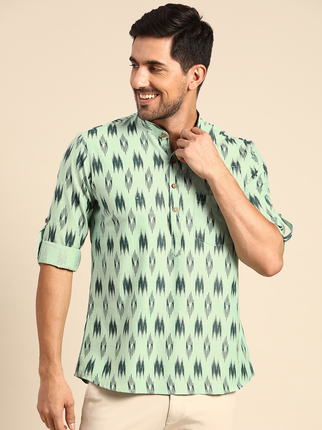 

RAJUBHAI HARGOVINDAS Men Sea Green Ethnic Motifs Printed Handloom Kurta