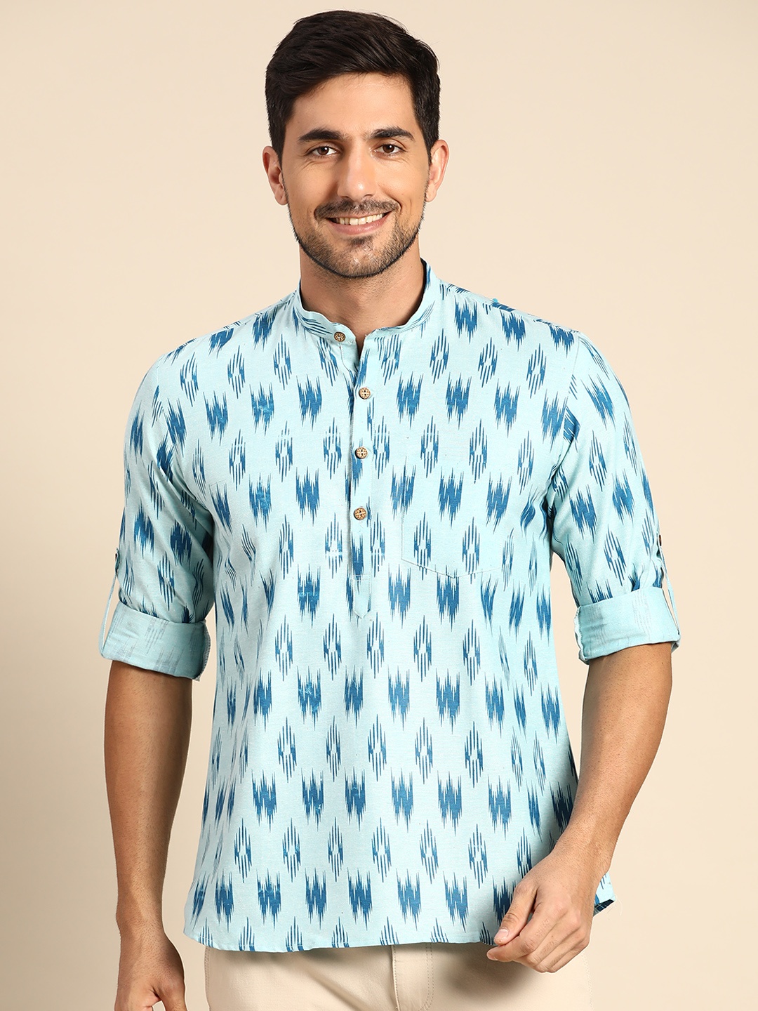 

RAJUBHAI HARGOVINDAS Men Turquoise Blue Ethnic Motifs Printed Kurta
