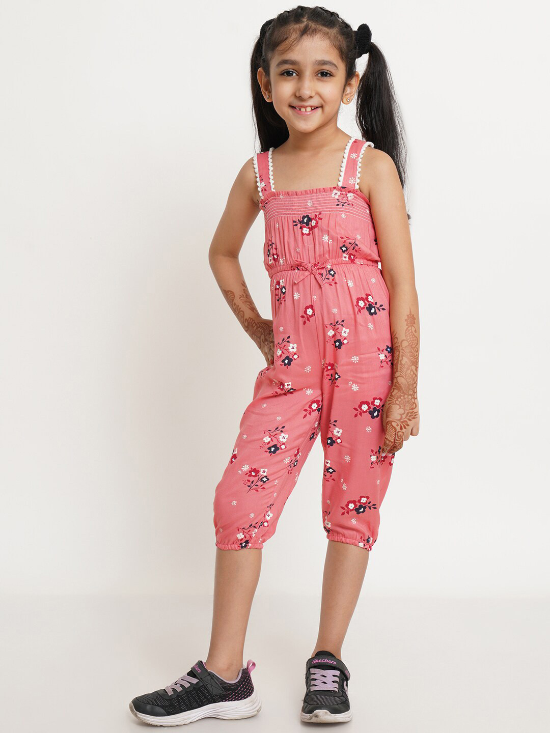 

Creative Kids Girls Pink & White Printed Smocked Basic Jumpsuit