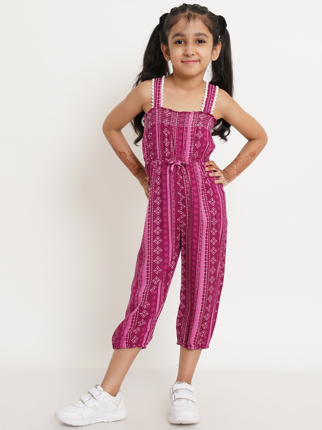 

Creative Kids Girls Purple & White Printed Smocked Basic Jumpsuit