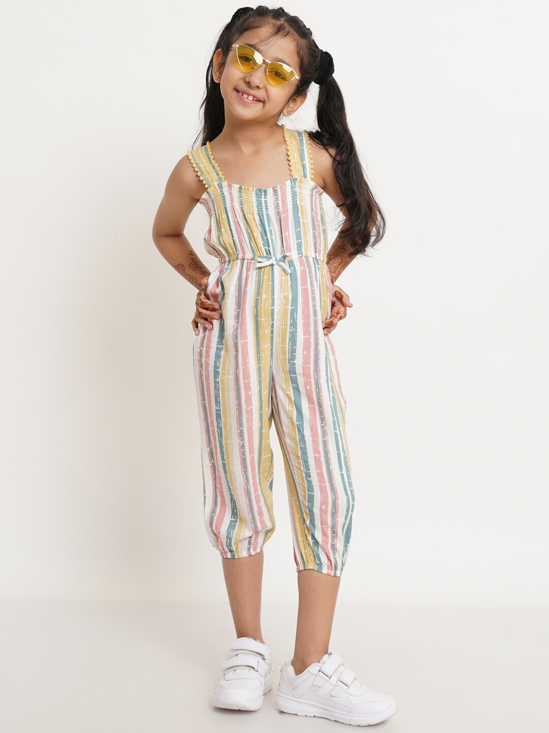 

Creative Kids Girls Yellow & Green Striped Capri Jumpsuit