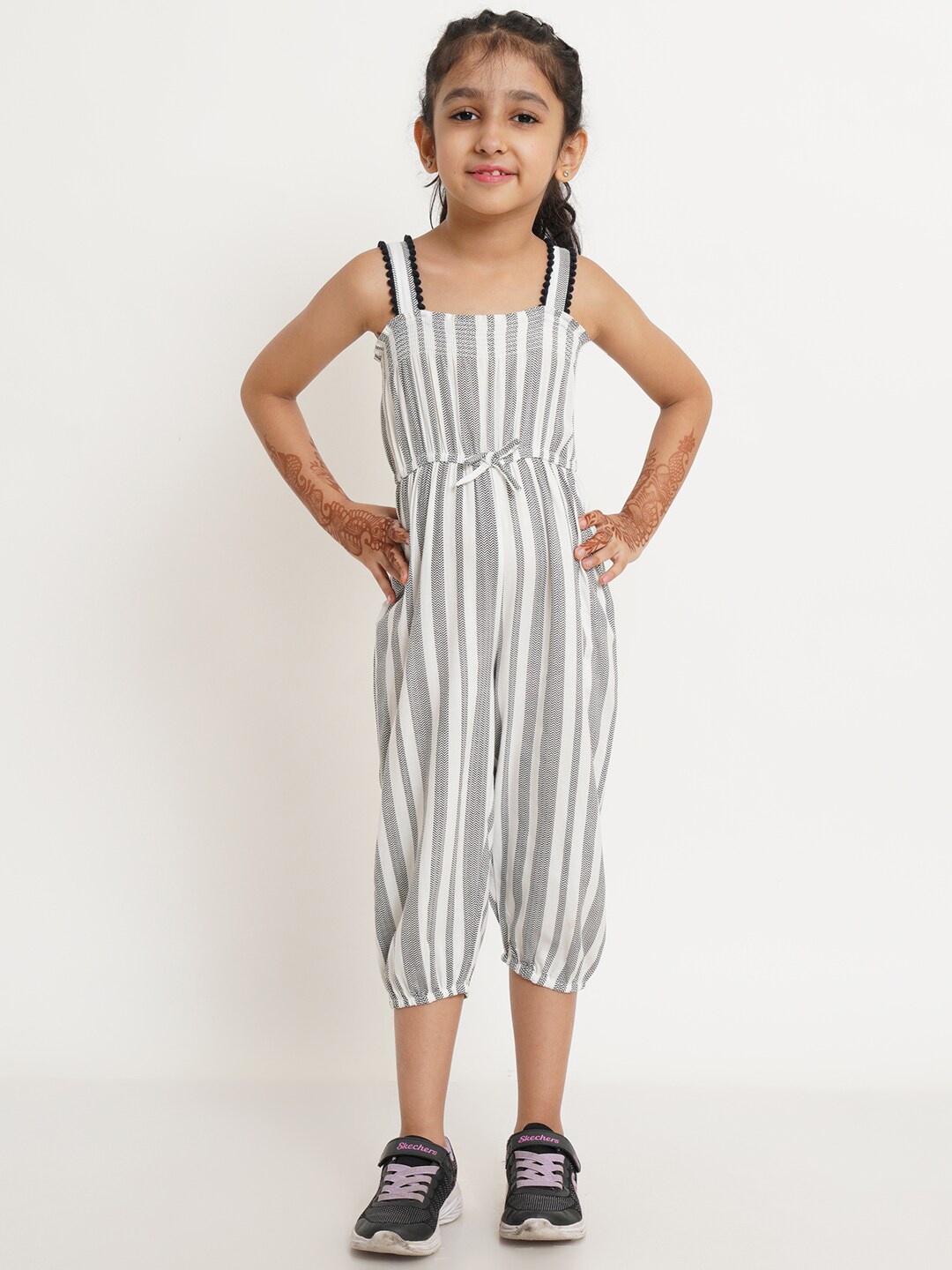 

Creative Kids Girls Black & White Striped Smocked Basic Jumpsuit