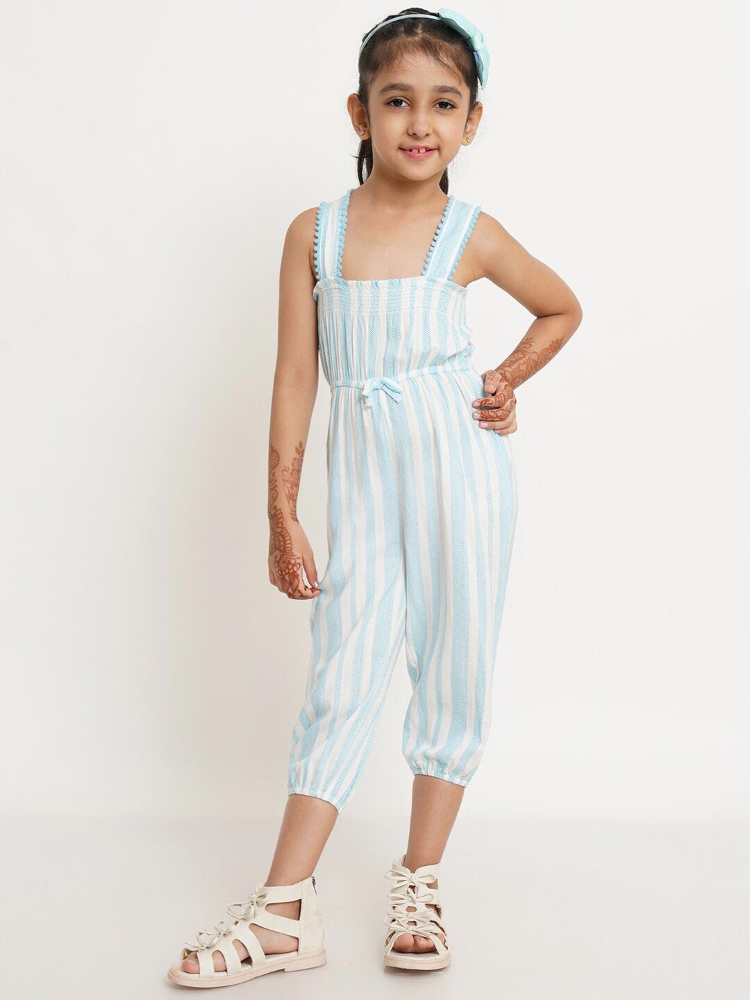 

Creative Kids Girls Sky Blue & White Striped Smocked Basic Jumpsuit