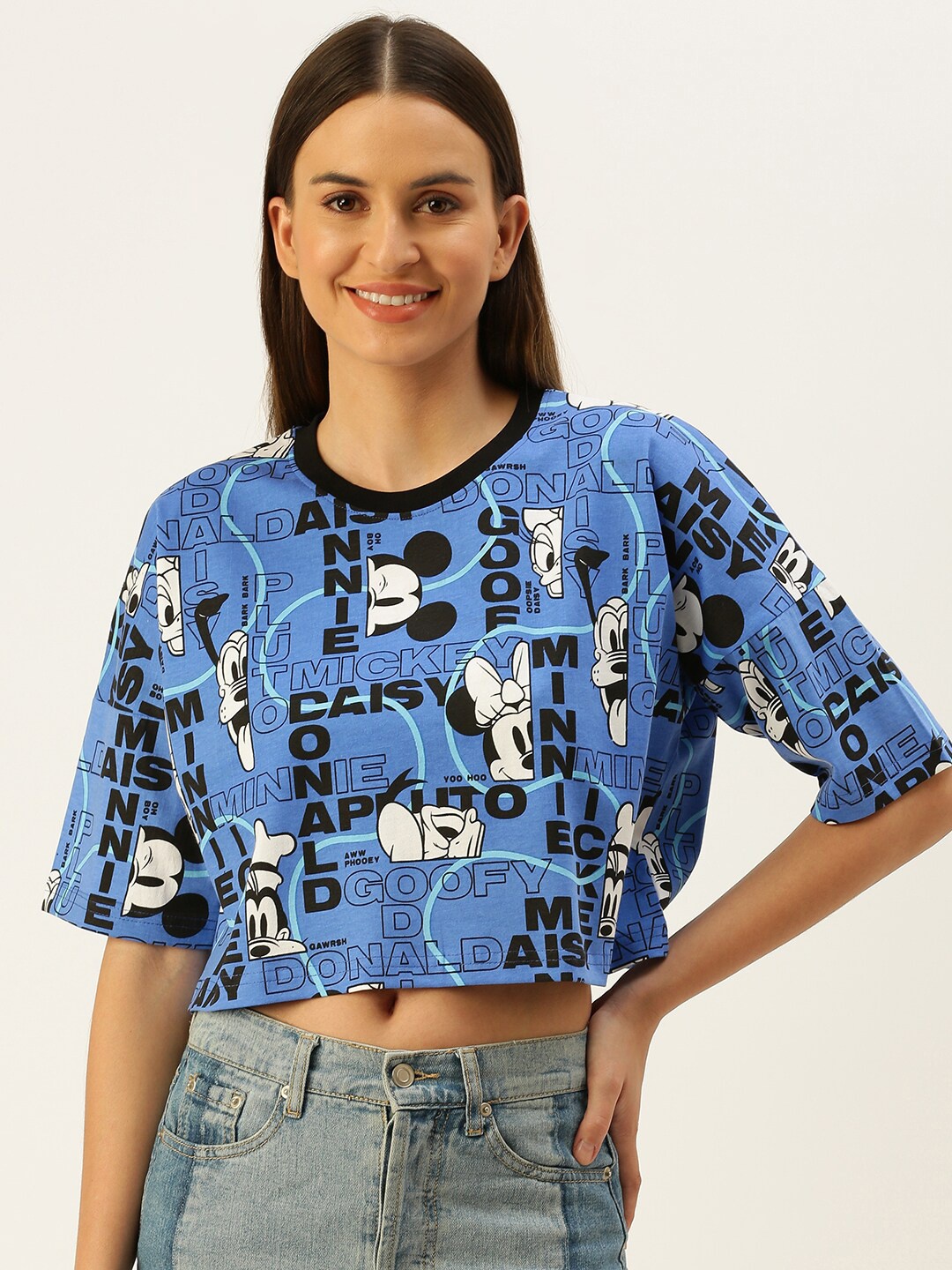 

JUNEBERRY Women Blue Minnie Mouse Printed Raw Edge Boxy T-shirt
