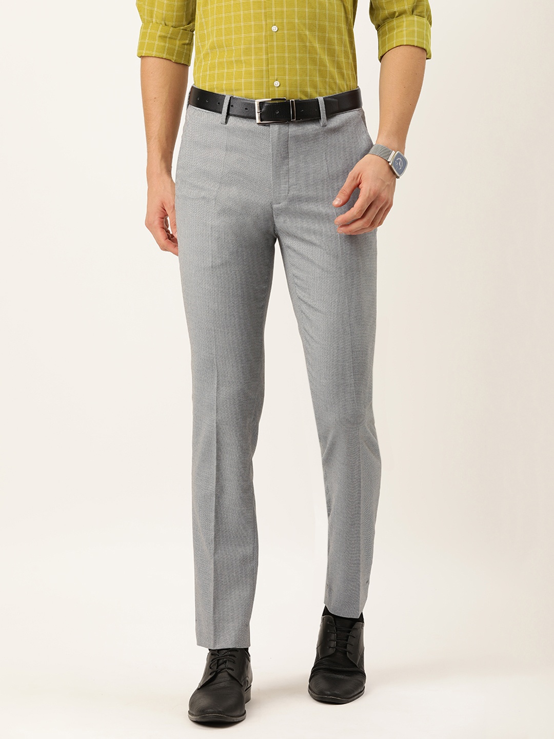 

Peter England Men Grey Textured Slim Fit Trousers