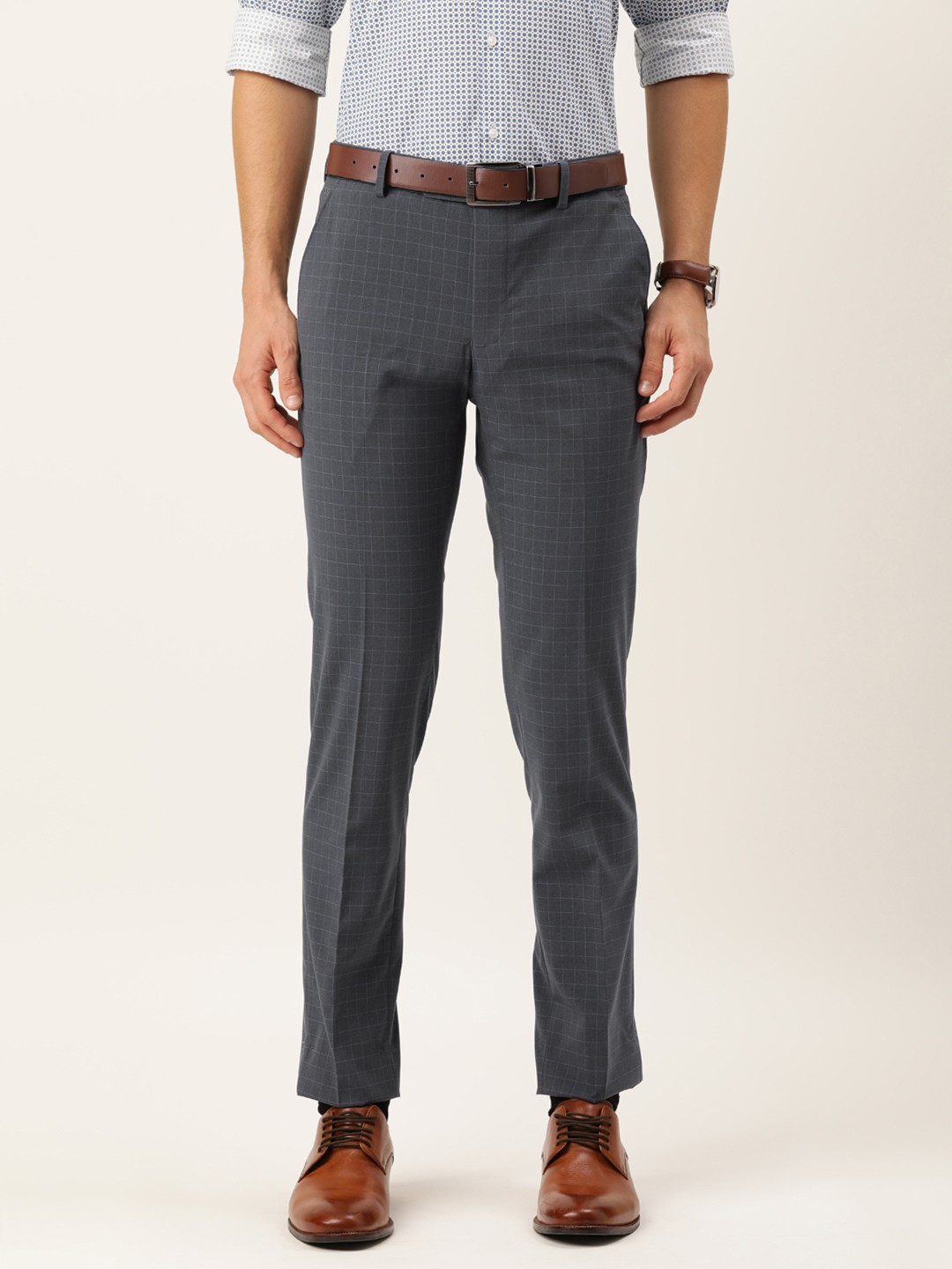 

Peter England Men Grey Checked Slim Fit Formal Trousers