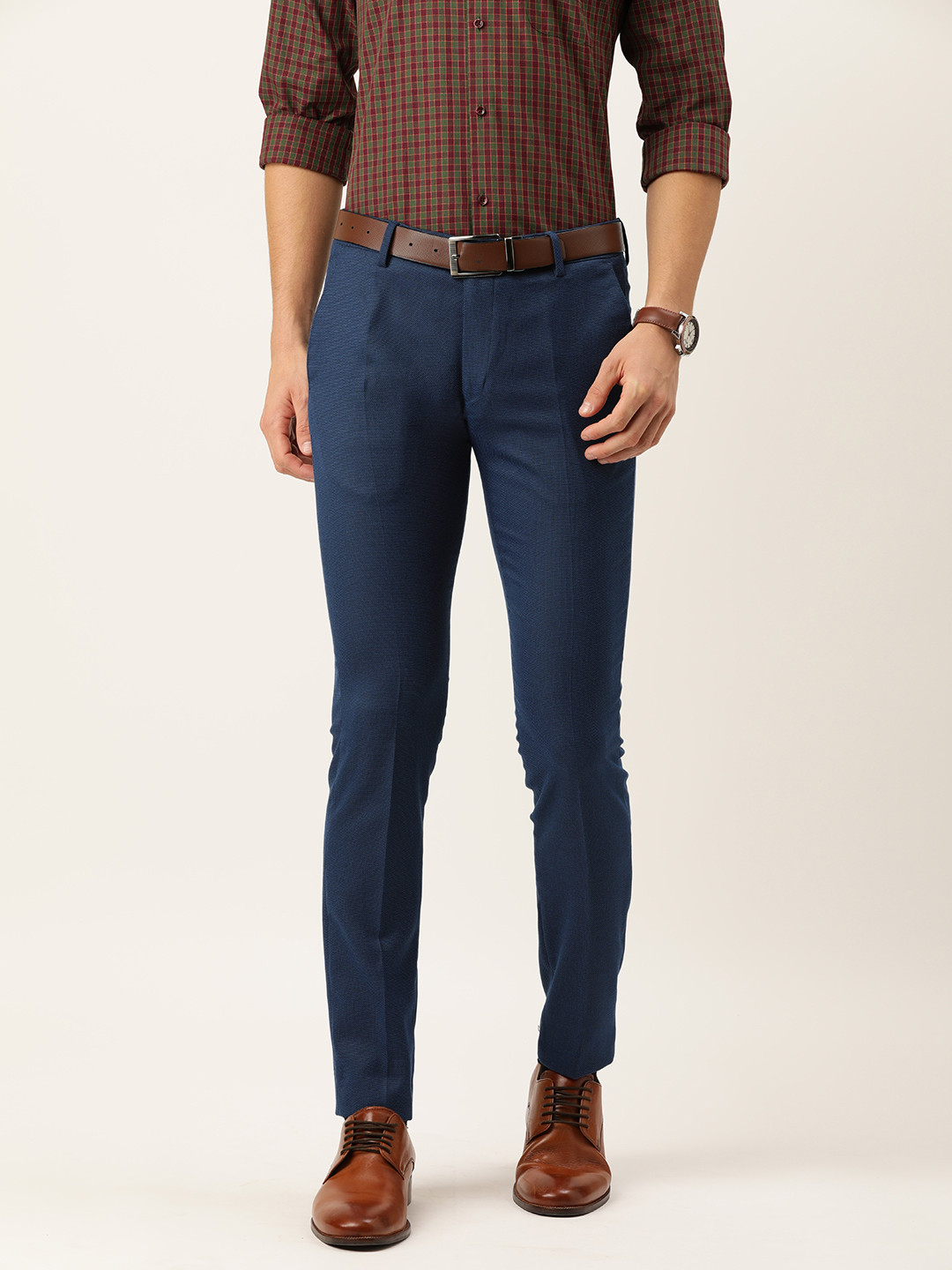 

Peter England Men Blue Textured Ultra Fit Formal Trousers