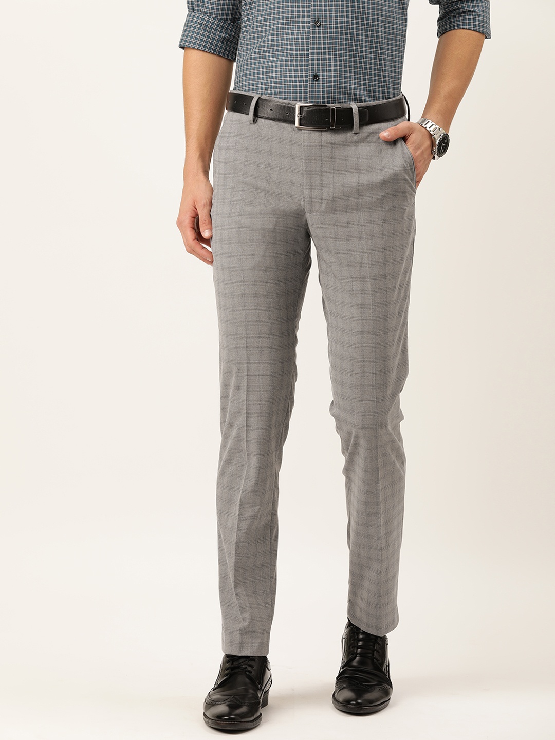 

Peter England Men Grey Checked Neo Slim Fit Formal Trousers