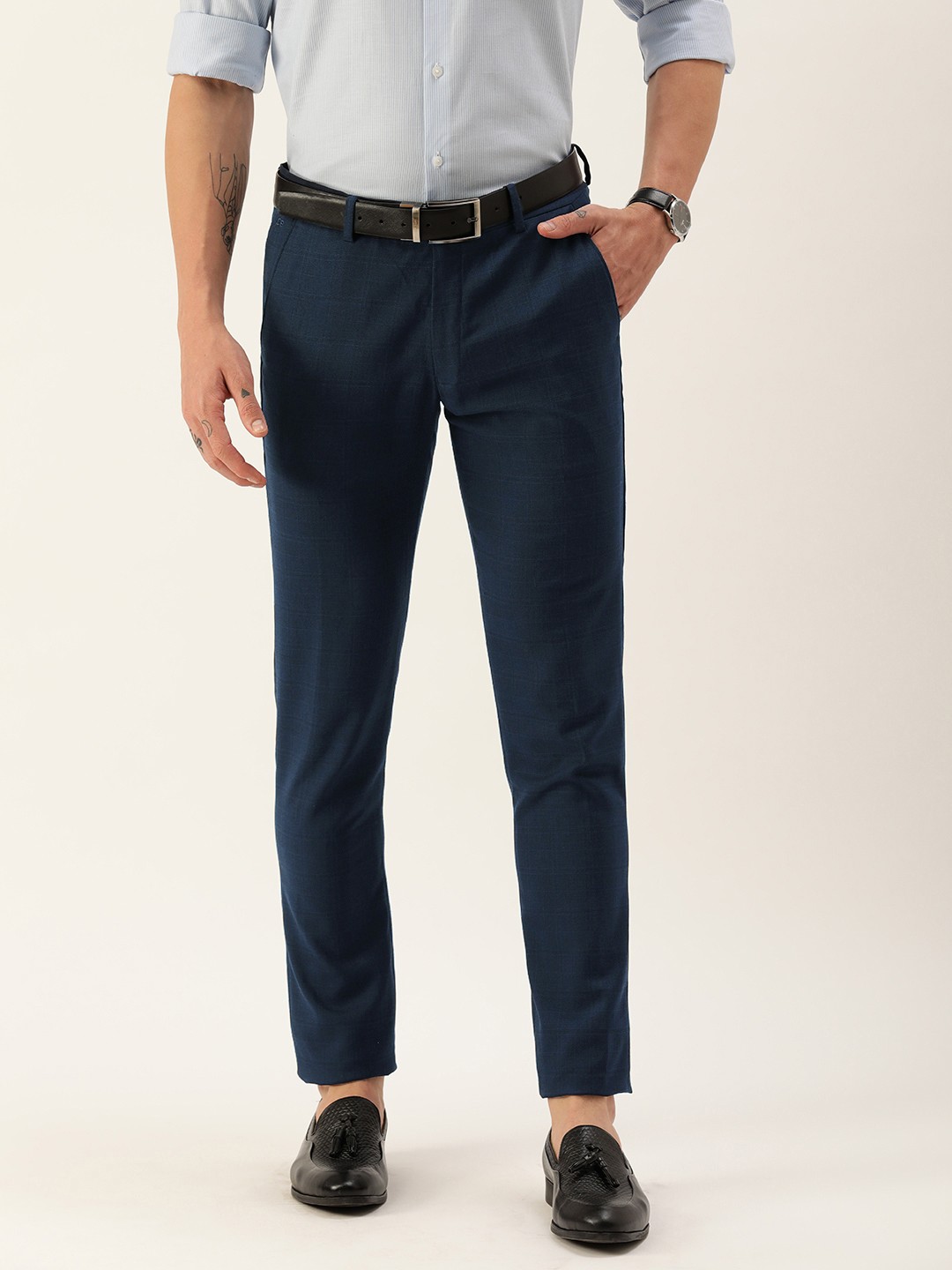 

Peter England Men Blue Checked Slim Fit Mid-Rise Formal Trousers