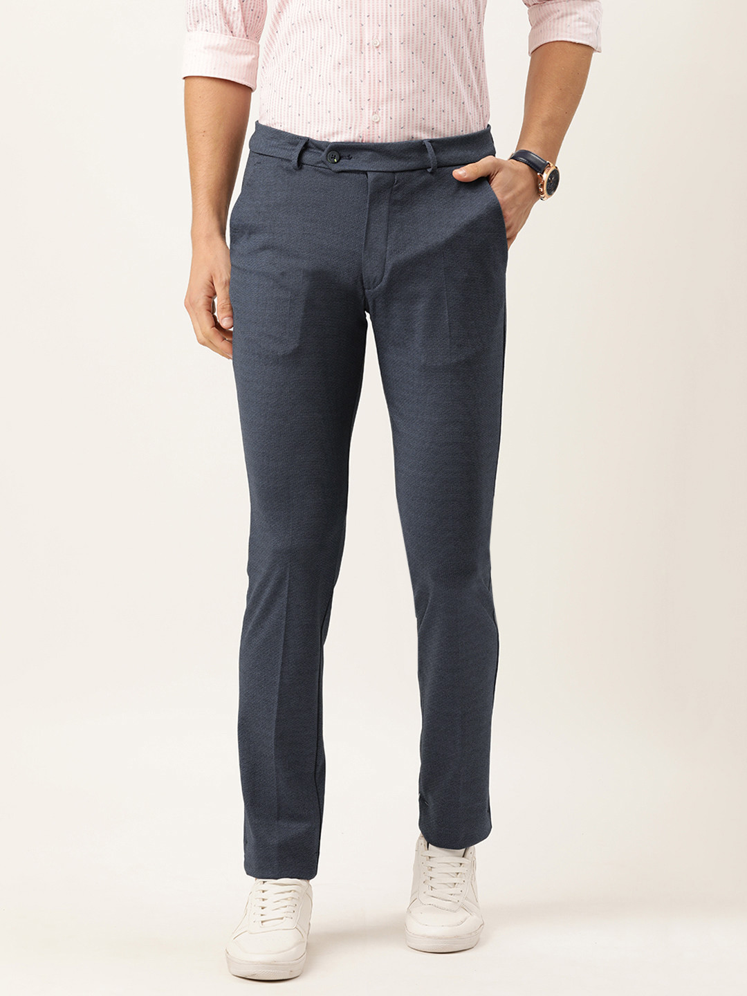 

Peter England Men Navy Blue Textured Slim Fit Trousers