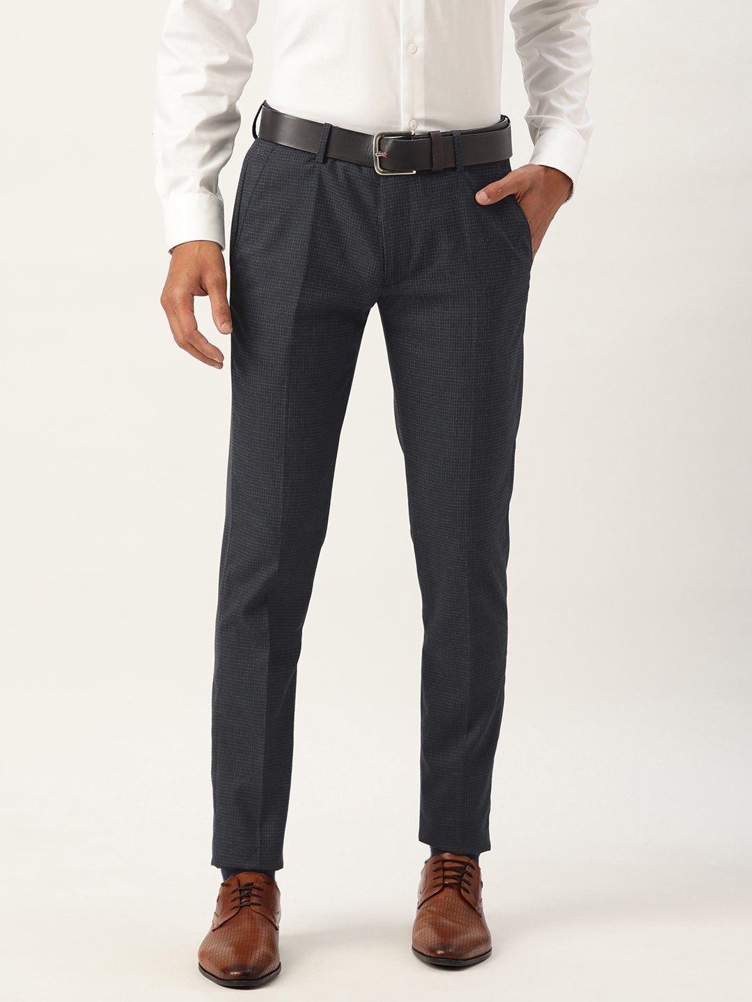 

Peter England Men Checked Ultra Slim Fit Trousers, Navy blue