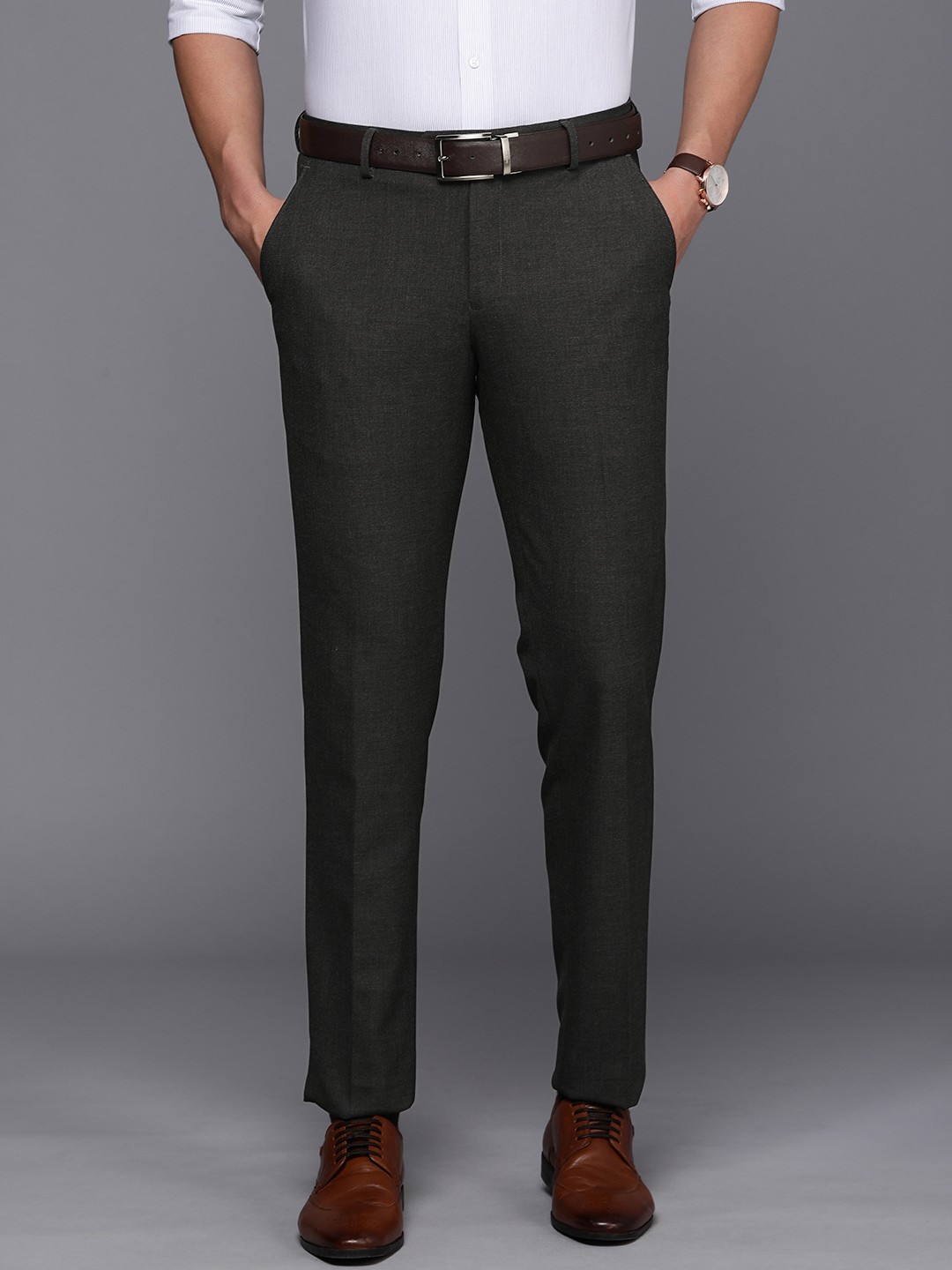 

Peter England Elite Men Solid Slim Fit Mid-Rise Formal Trousers, Charcoal