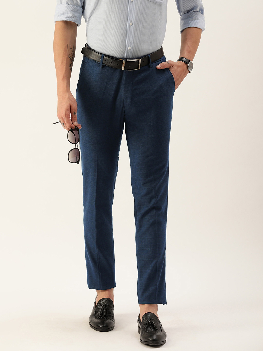 

Peter England Men Blue Checked Slim Fit Mid-Rise Formal Trousers