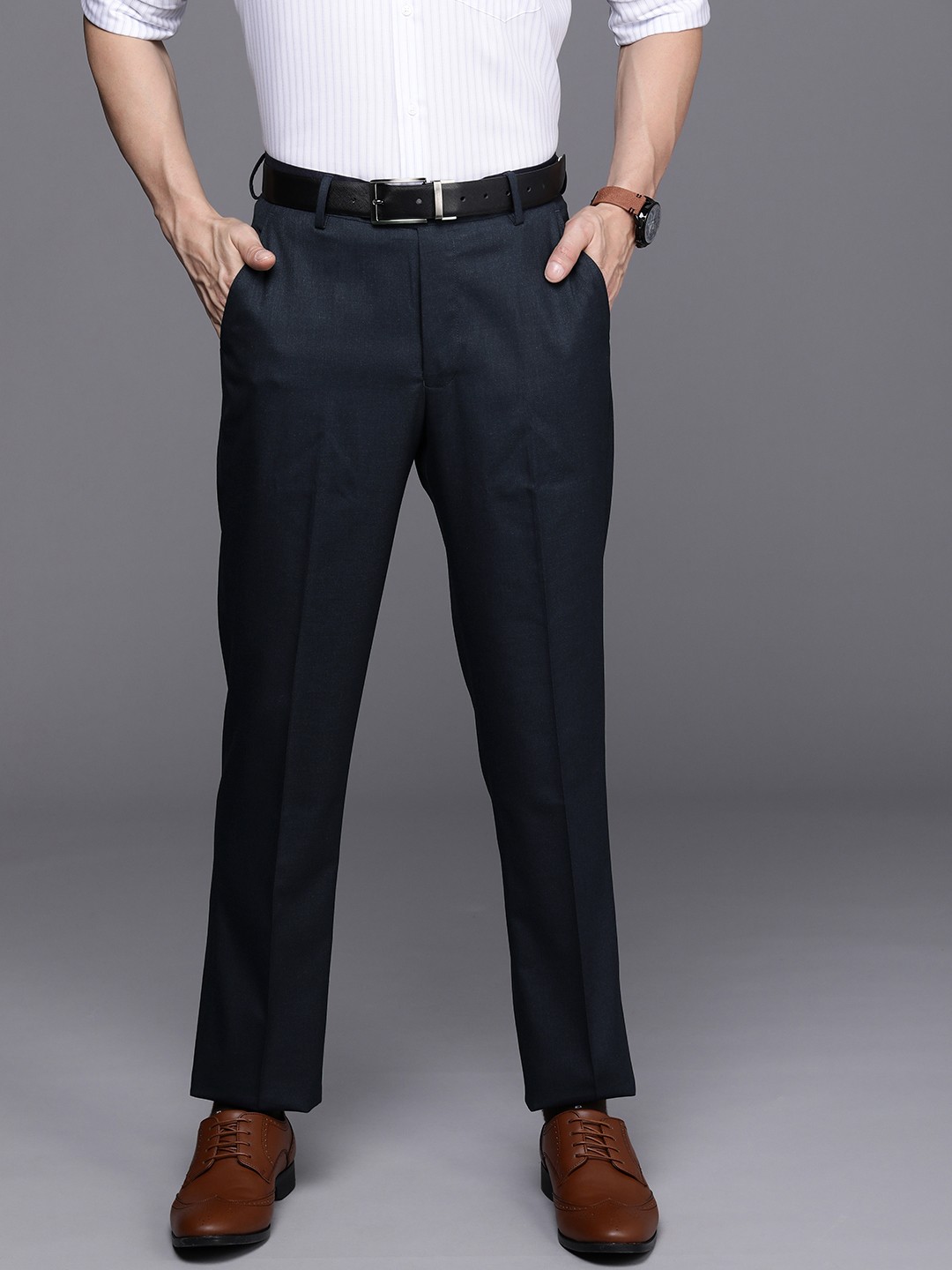 

Peter England Elite Men Navy Blue Slim Fit Trousers